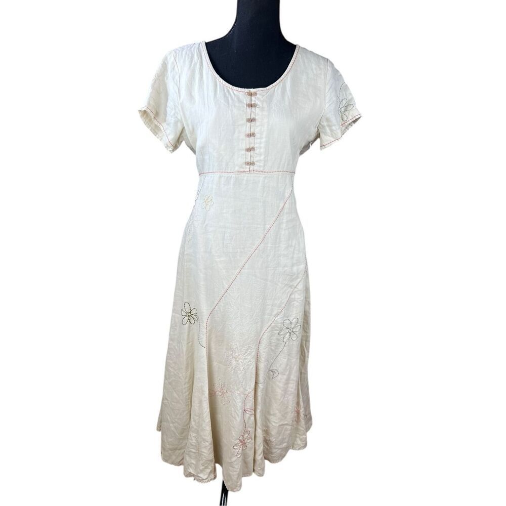 J.Jill Small 100% linen floral embroidered cream maxi cottagecore dress mermaid